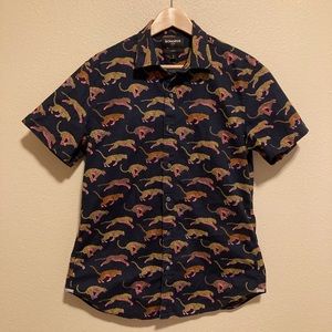 Dark blue leopard Bonobos shirt with gold and pink highlights. Limited Edition.